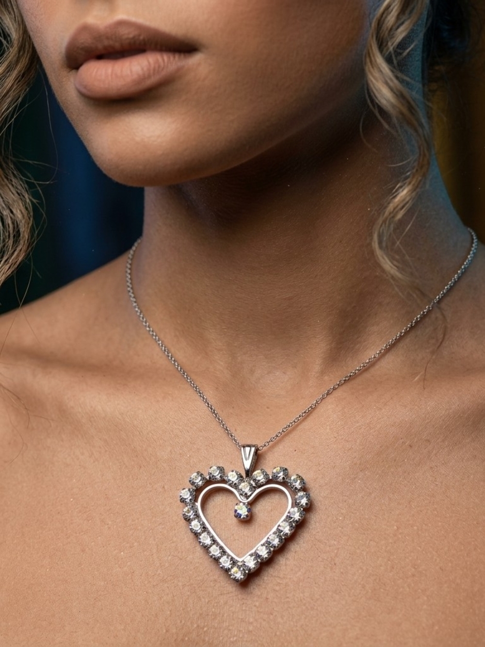 VTG Silver Tone Rhinestone Open Heart Pendant Floating Crystal Romantic